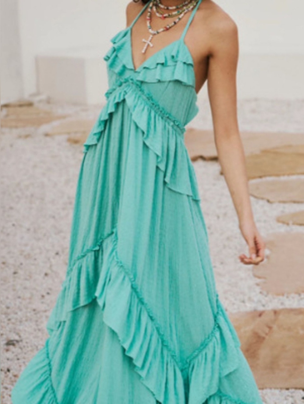 Whimsical Seafoam Green Bohemian Tie-Back Maxi Dress  Size S M L XL